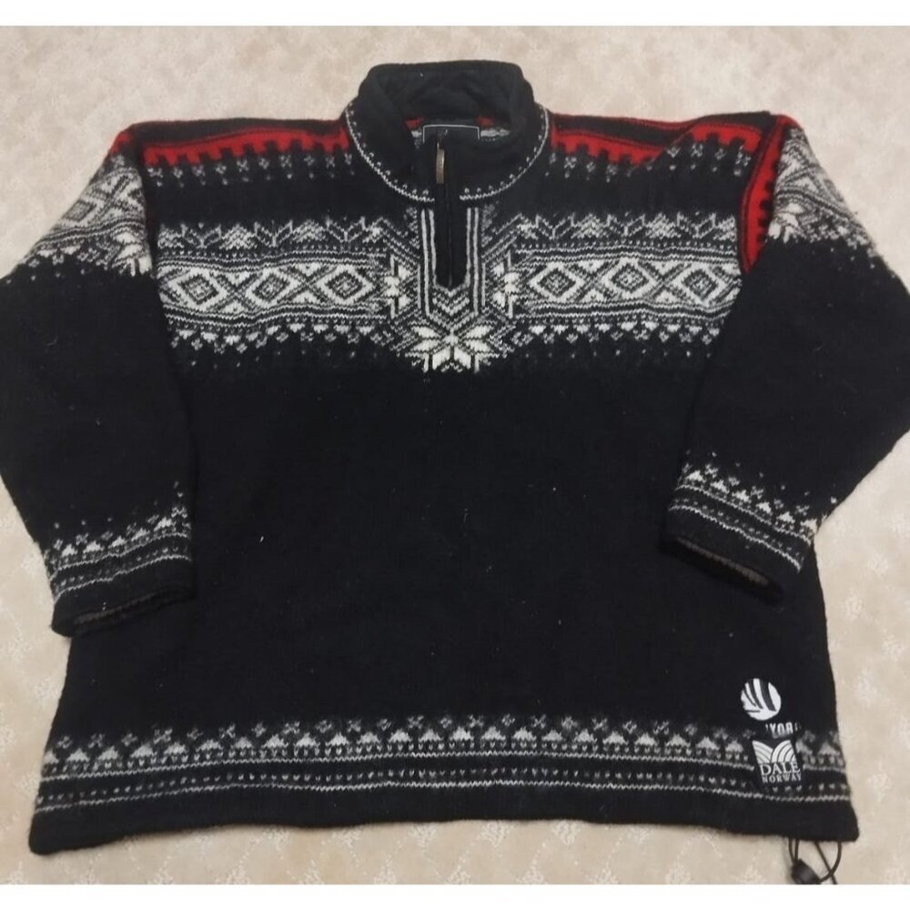 Vintage Dale of Norway Sweater Men's Small Black Wool Nordic 1/4 Zip Drawstring